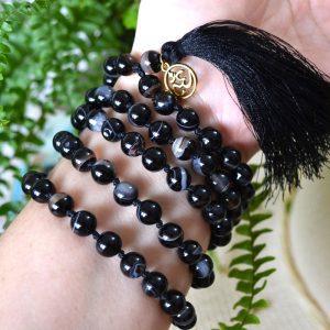 Mala Budista Agat Negru 8mm, cu noduri