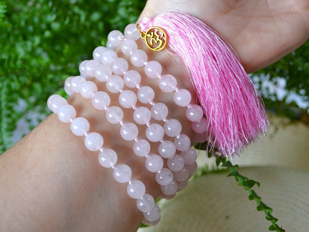 Mala Budista Cuart Roz 8mm, cu noduri - imagine 2