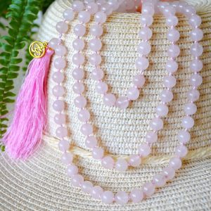 Mala Budista Cuart Roz 8mm, cu noduri