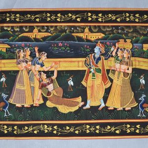 Pictură Miniaturală Indiană, Krishna și Gopi în Grădina Divină, Handmade