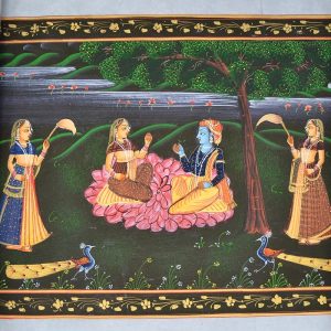 Pictură Miniaturală Krishna & Radha pe Mătase, Handmade